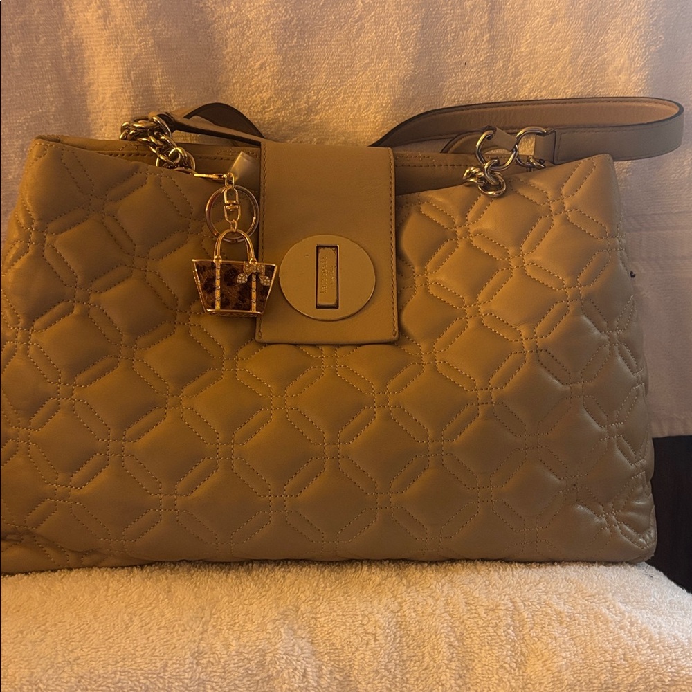 Kate Spade Beige Quilted Tote W Key Holder with Bag Charm